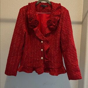 Boston Proper Red Tweed Blazer with Rosette Details size 10